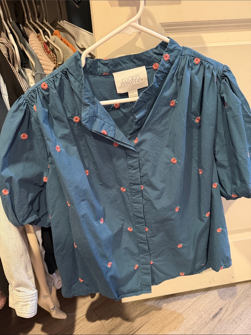 Anthro Blue Cotton Puff Sleeve Blouse with Pink Floral Embroidery